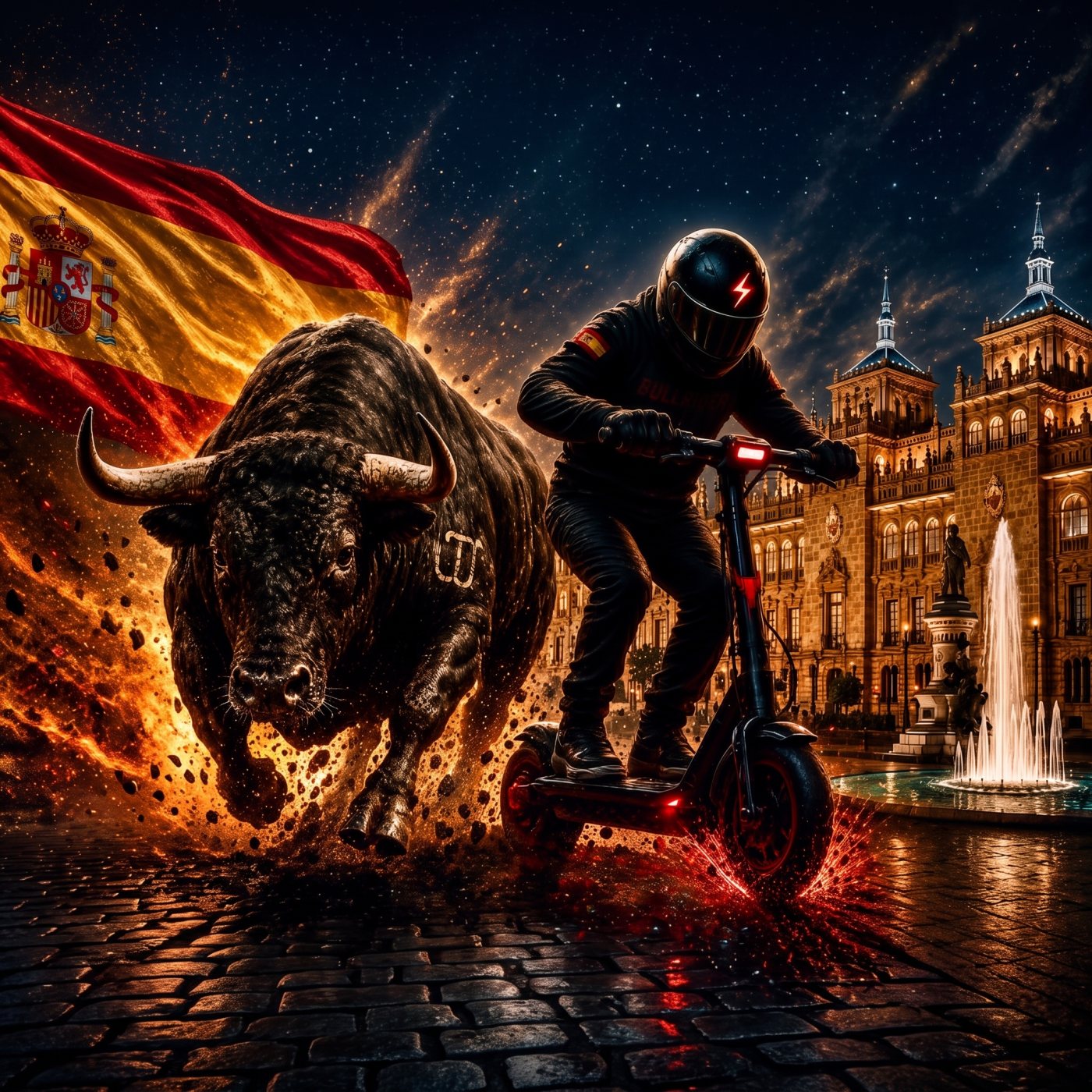 Ilustración de BULLRIDER: un toro embistiendo junto a un rider sobre un patinete eléctrico, de noche, con la bandera de España y una plaza iluminada al fondo.